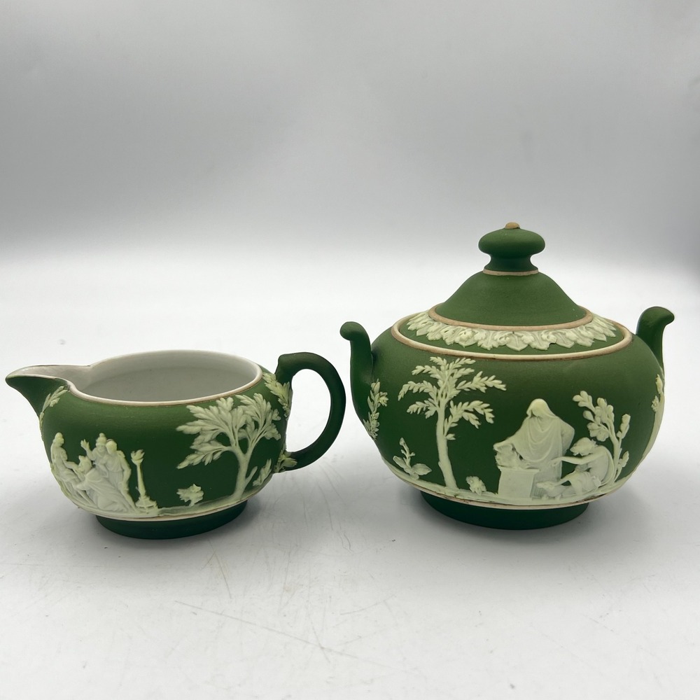 Antique Wedgwood Mini Olive Green Jasper-Dip Sugar & Creamer Set Classical